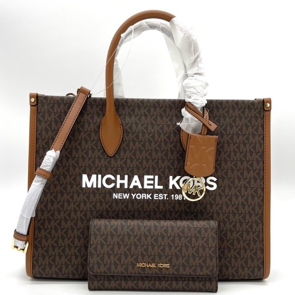 Michael Kors Mirella Medium EW Tote Bag & Trifold Wallet Brown - Picture 2 of 11